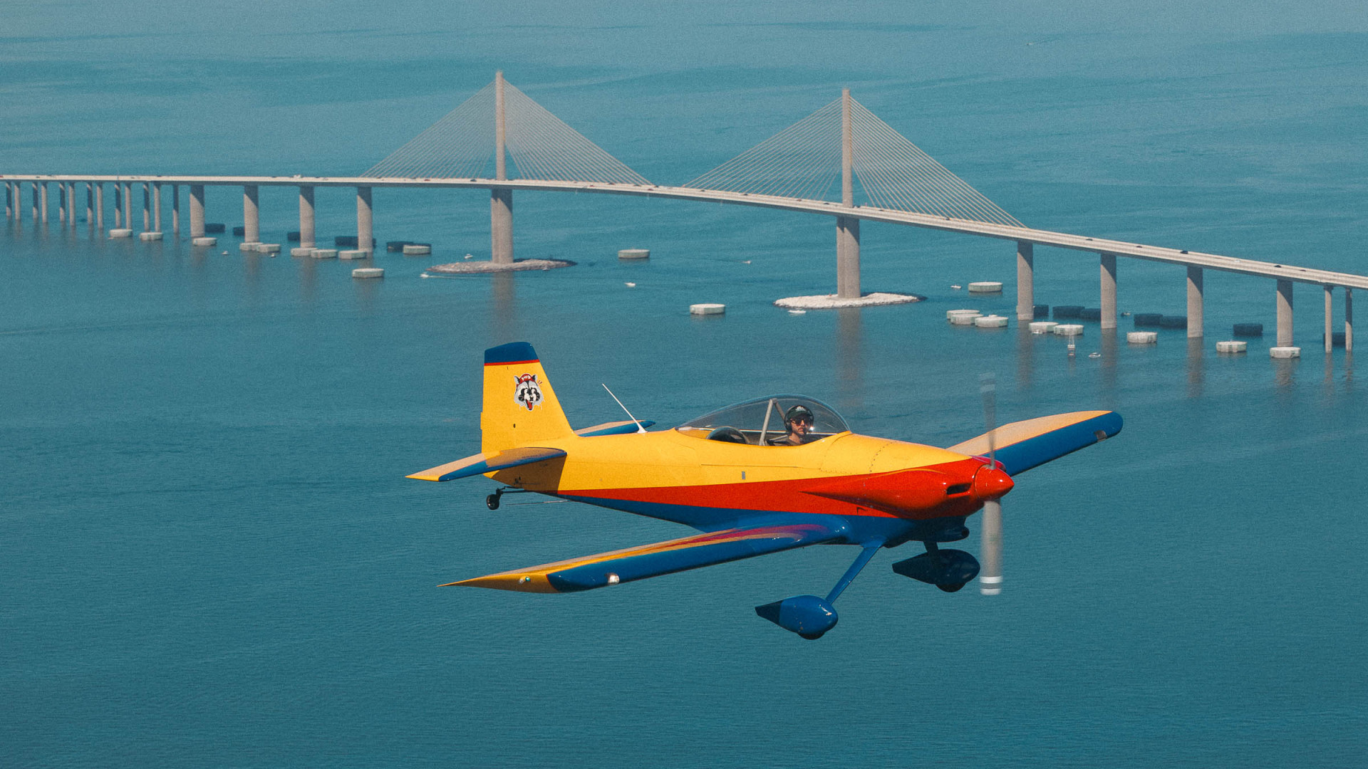 Robb Hohmann pilots his Vans RV-4 over the Sunshine Skyway Bridge in Pinellas County, Florida.